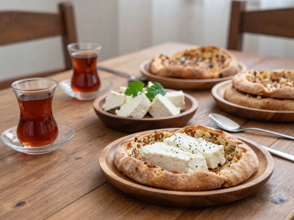 میز صبحانه با بشقاب چوبی و نان بربری یا تافتون پنیر