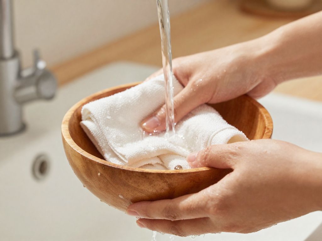 دست در حال شستشوی ظرف چوبی با دستمال نرم
